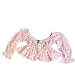 Forever 21 Gingham Ruffled Sleeve Off-The-Shoulder Crop Top